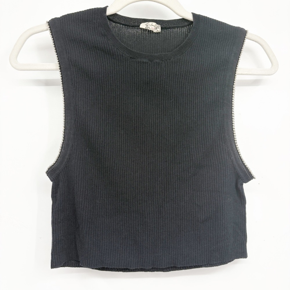 Free‎ People Womens Intimately Ball Chain Trim Edgy Boho Ribbed Crop Top Black M
